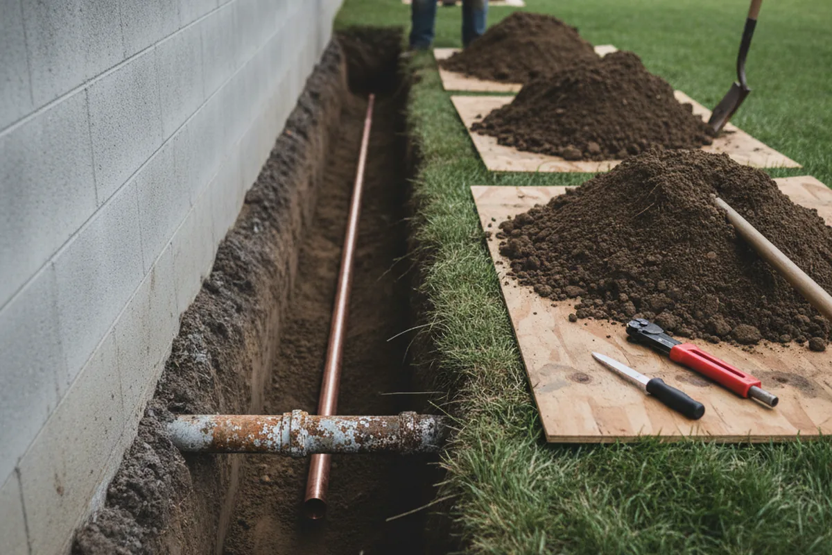 Excavated water line trench during Water Softener Installation in Westover